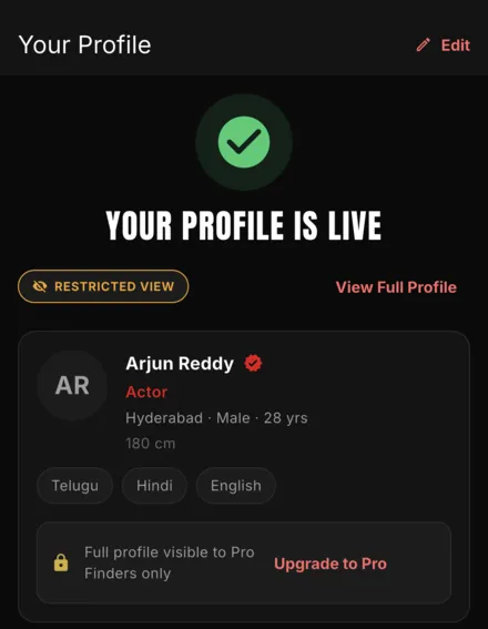 A published profile in the ActorOS app: a talent card showing name, talent type, city, age, height and languages, above a note that the full profile is visible to Pro finders only.